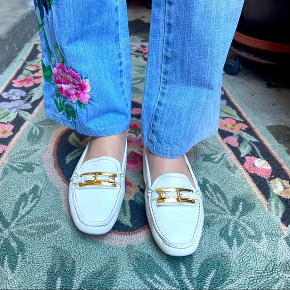 Prada Shoes - White/gold Prada pebbled leather shoes